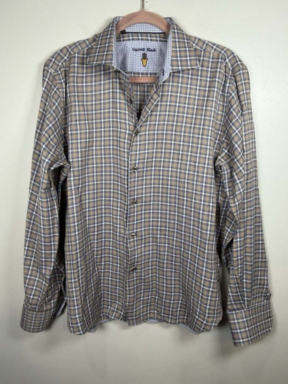 Luchiano Visconti Long Sleeve Button Up Shirt Size Large Plaid Blue White Yellow